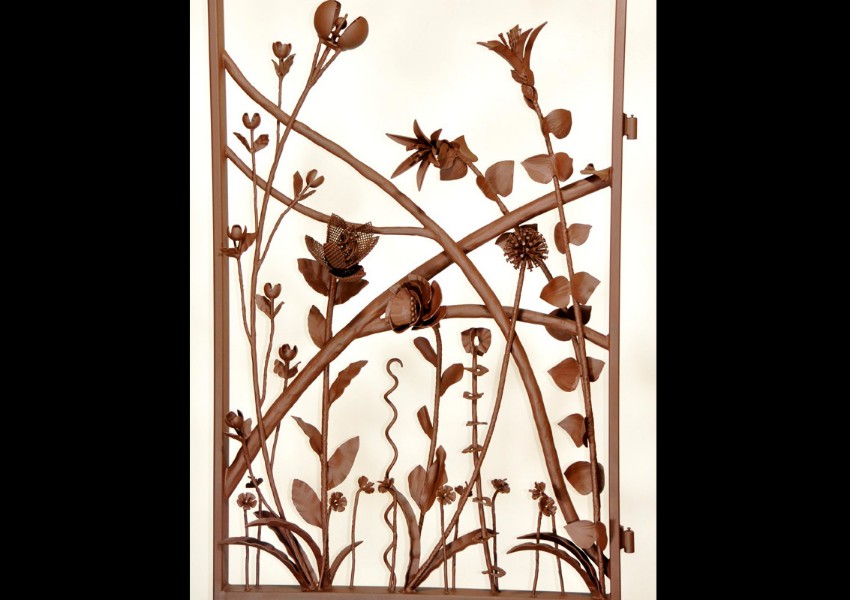 'Harry's Gate' — hand-forged steel 'invented' botanicals, powder-coat finish 40” x 60”