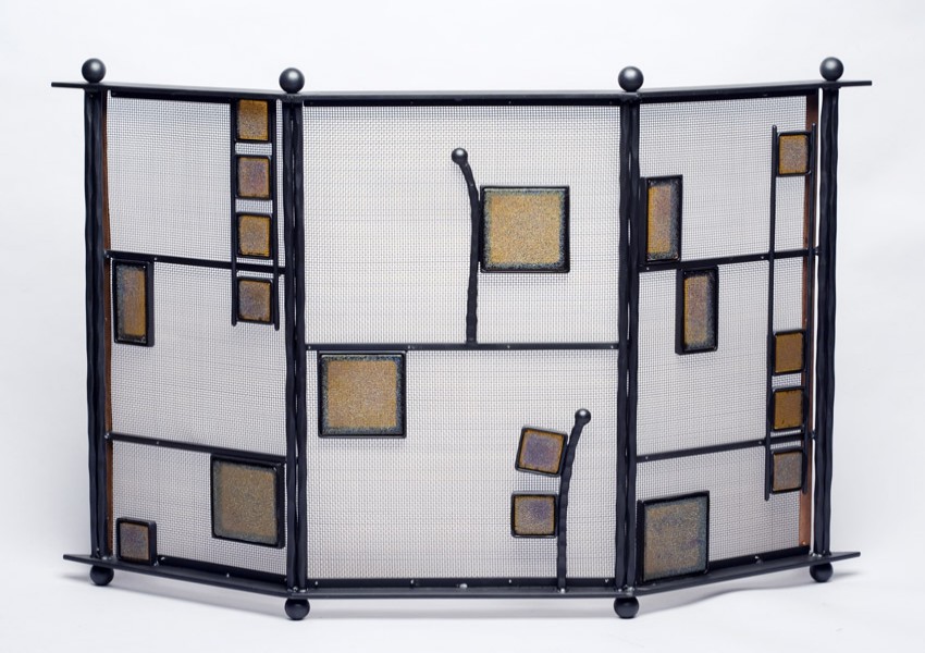 'Alice Firescreen' — iron, stainless screen, glass tiles