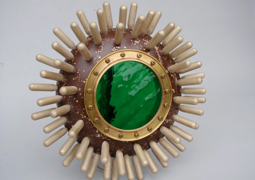 'The Captain's Dream Portal' — C02 cartridges, tank end, bronze ring from ship porthole, stained glass