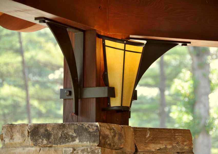 One of 13 porch lightss/brackets for UNCA Pisgah house — steel, fiberglass