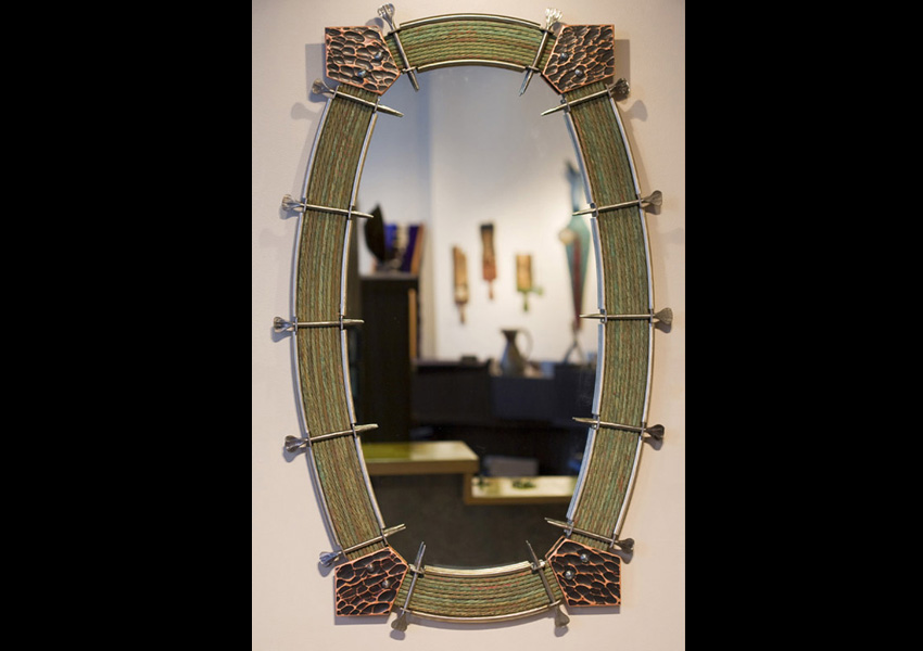 'Aboriginal' mirror — forged iron, stainless, hammered copper, powerline cable, 44”